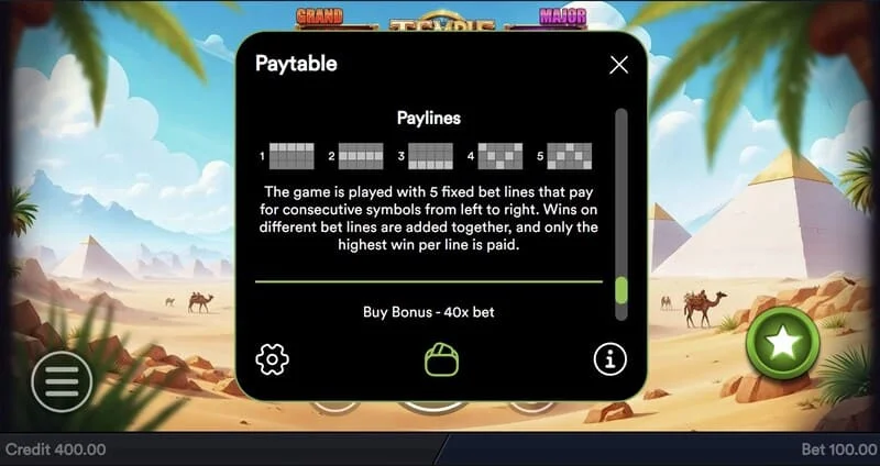 Temple of Treasures - tableau des Jackpots fixes
